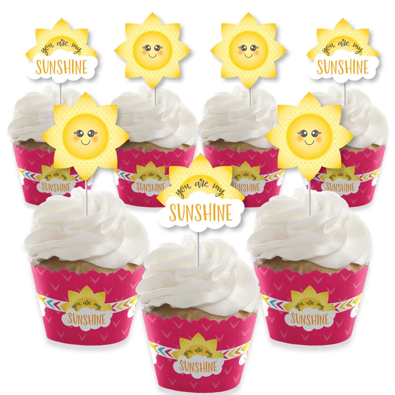 Big Dot of Happiness You Are My Sunshine - Cupcake Decoration - Baby Shower or Birthday Party Cupcake Wrappers and Treat Picks Kit - Set of 24